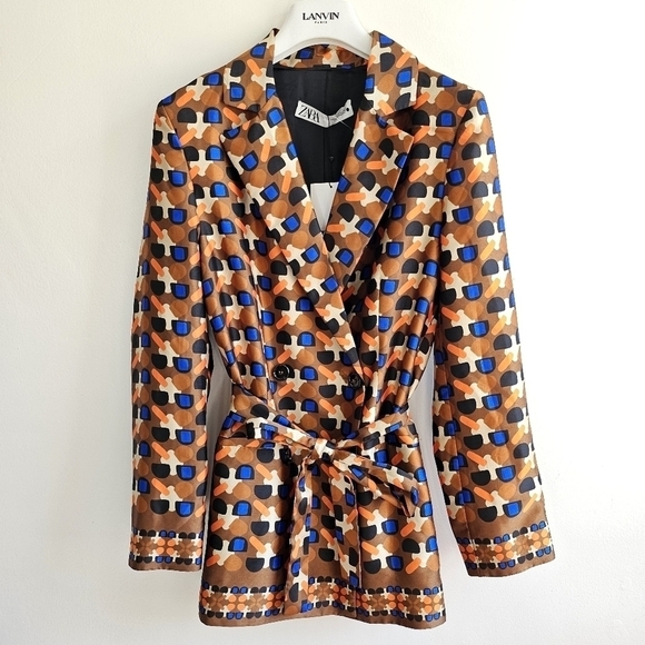 New Zara Printed Double Breasted Tie Belt Brown Blazer Blogger Favorite NWT XS - Picture 13 of 17